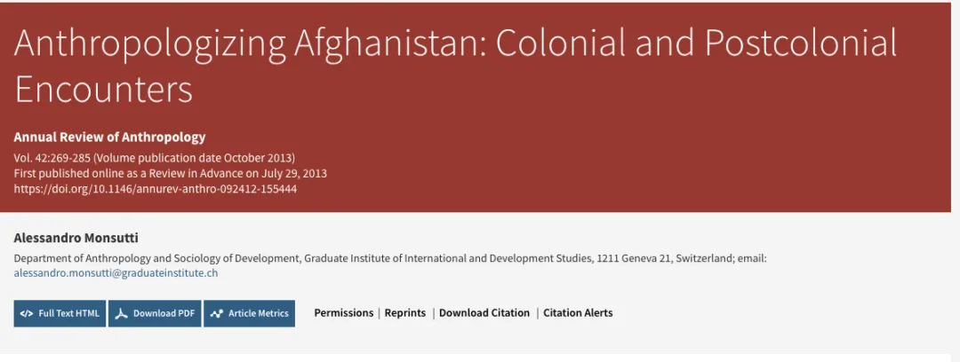 期刊网页截图，标题为《Anthropologizing Afghanistan: Colonial and Postcolonial Encounters》，作者Alessandro Monsutti，刊于《人类学年鉴》2013年10月第42卷，269-285页。