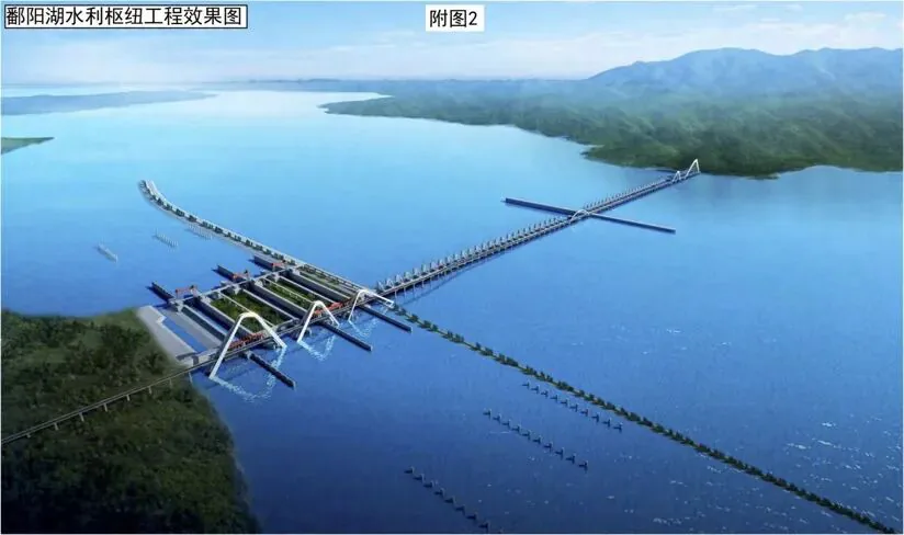 鄱阳湖水利枢纽工程效果图:一座横跨湖面的水闸与桥梁建筑效果图,闸门整齐排列于水中,两岸青山环绕。