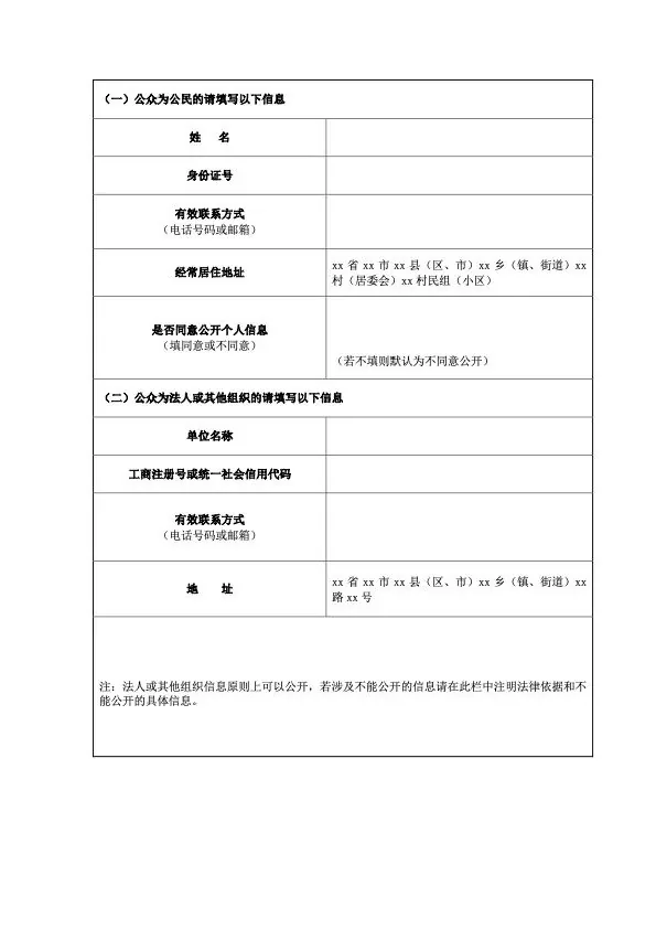 表格截图:公众意见表第二页,分别列出公民需填写的姓名、身份证号、联系方式、居住地址,以及法人或组织需填写的单位名称、注册号、联系方式、地址等栏目。