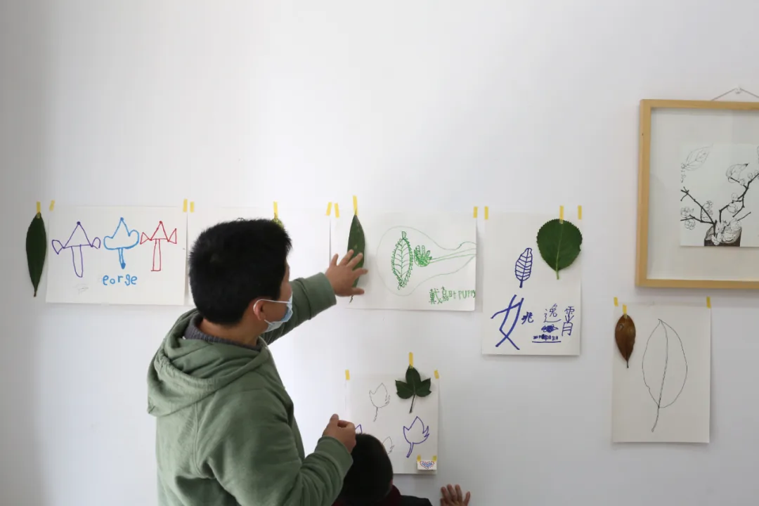 一位戴口罩的男性正把孩子们画的树叶速写贴在墙上展示,旁边夹着真实树叶标本作对照,墙上还挂着一幅带框的植物素描。