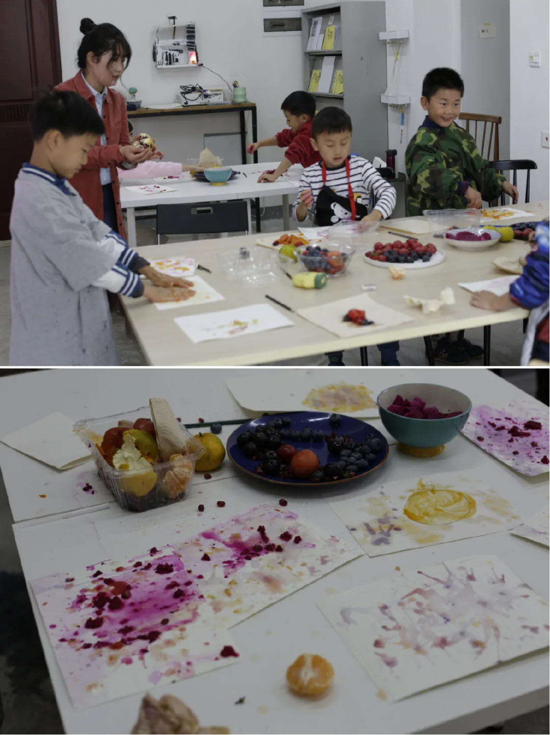 上方孩子们围站桌前用浆果和水果在纸上作画;下方特写展示用莓果汁液画出的紫红色斑驳画作,桌上散落着蓝莓、草莓等水果。