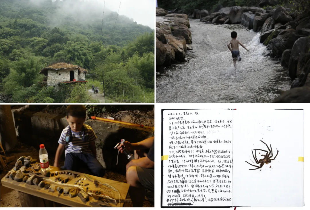 四宫格照片:云雾缭绕山间的石头房子;一个男孩在山涧溪流中奔跑;男孩蹲在木板前摆放捡拾的石头等物件;手写日记页旁配一只蜘蛛的图片。