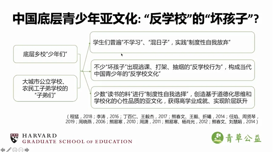 图示比较底层乡村与城市打工子弟学校青少年:多数表现出“混日子”等反学校行为,少数“读书的料”通过制度性自我选择实现阶层跃升,标题为“中国底层青少年亚文化:反学校的坏孩子?”,下方为哈佛教育学院与青草公益标志。