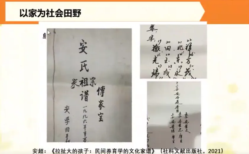 讲座幻灯片截图,标题「以家为社会田野」,展示手写族谱《安氏家祖宗传家宝》及辈分用字照片,下方引用安超著作《拉扯大的孩子:民间养育学的文化家谱》。