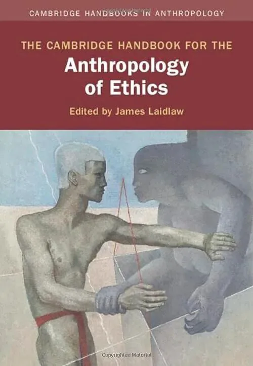 《剑桥伦理人类学手册》(The Cambridge Handbook for the Anthropology of Ethics)封面,绘画作品:两个银灰色人形侧身相对,以一条红线相连,背景为几何色块。编者雷天助。