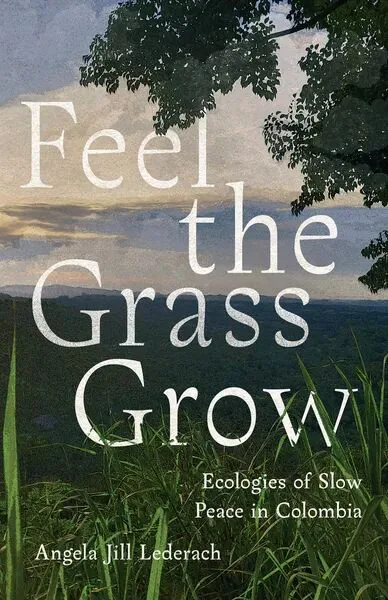 《感受小草在生长》(Feel the Grass Grow)封面,暮色山谷风光,近景是茂密高草,画面上方垂下树枝剪影。作者安吉拉·吉尔·莱德拉赫。