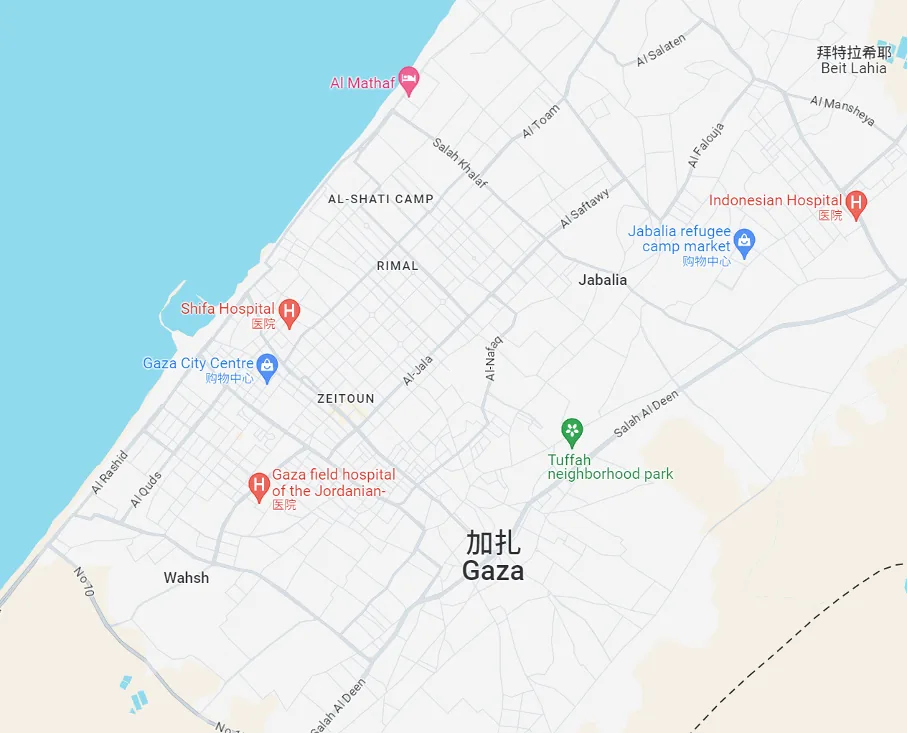 谷歌地图截图,标注加沙城沿海区域多个地名,包括希法医院、印度尼西亚医院、沙提难民营、贾巴利亚、里马尔、宰通、塔法社区公园等。