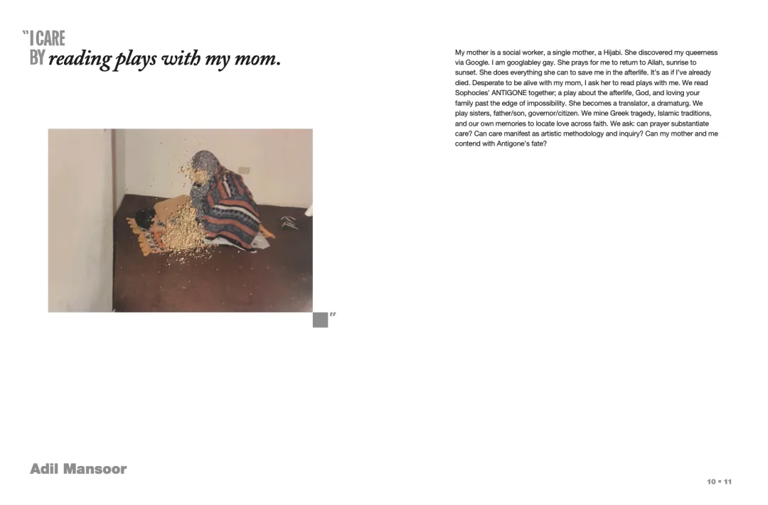 出版物内页,左侧印着标题“I CARE BY reading plays with my mom.”,其下是一张地面上裹着毯子的静物照片;右侧是英文正文,末尾署名 Adil Mansoor,页码标注“10 11”。