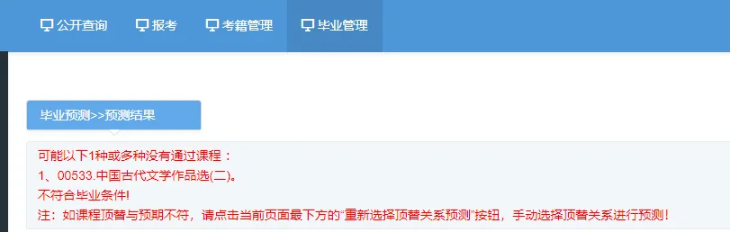 自考毕业管理系统“毕业预测”页面截图,显示预测结果为未通过《中国古代文学作品选(二)》,判定“不符合毕业条件”。