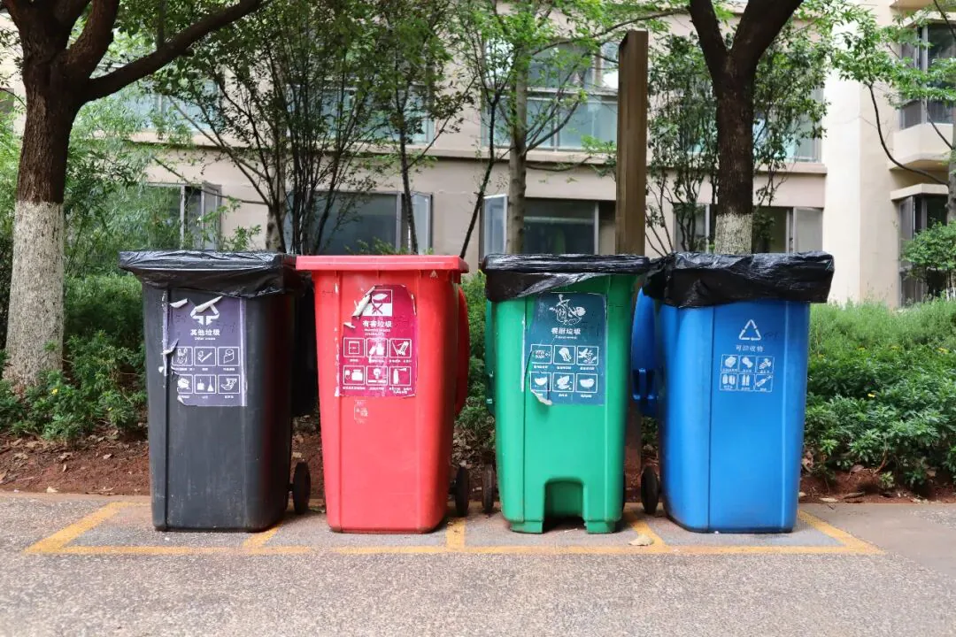 黑、红、绿、蓝四色垃圾桶并排摆放在小区路边,桶身贴有分类图标,桶口套着黑色塑料袋,背后是行道树和住宅楼。