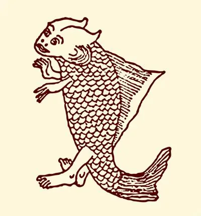 线描插画,画中生物长着鱼头、鱼鳞躯干和鱼尾,却有人的手臂和一只脚,做行走状