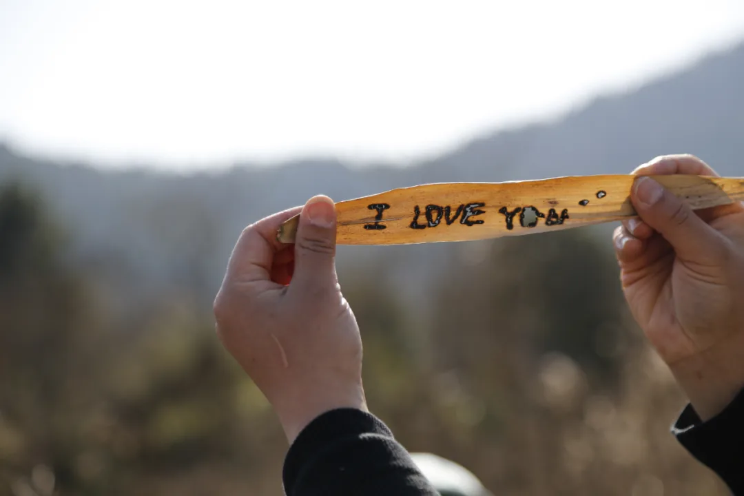 两只手举着一根用放大镜聚焦阳光灼烧出'I LOVE YOU'字样的芦苇秆,背景是模糊的山野。