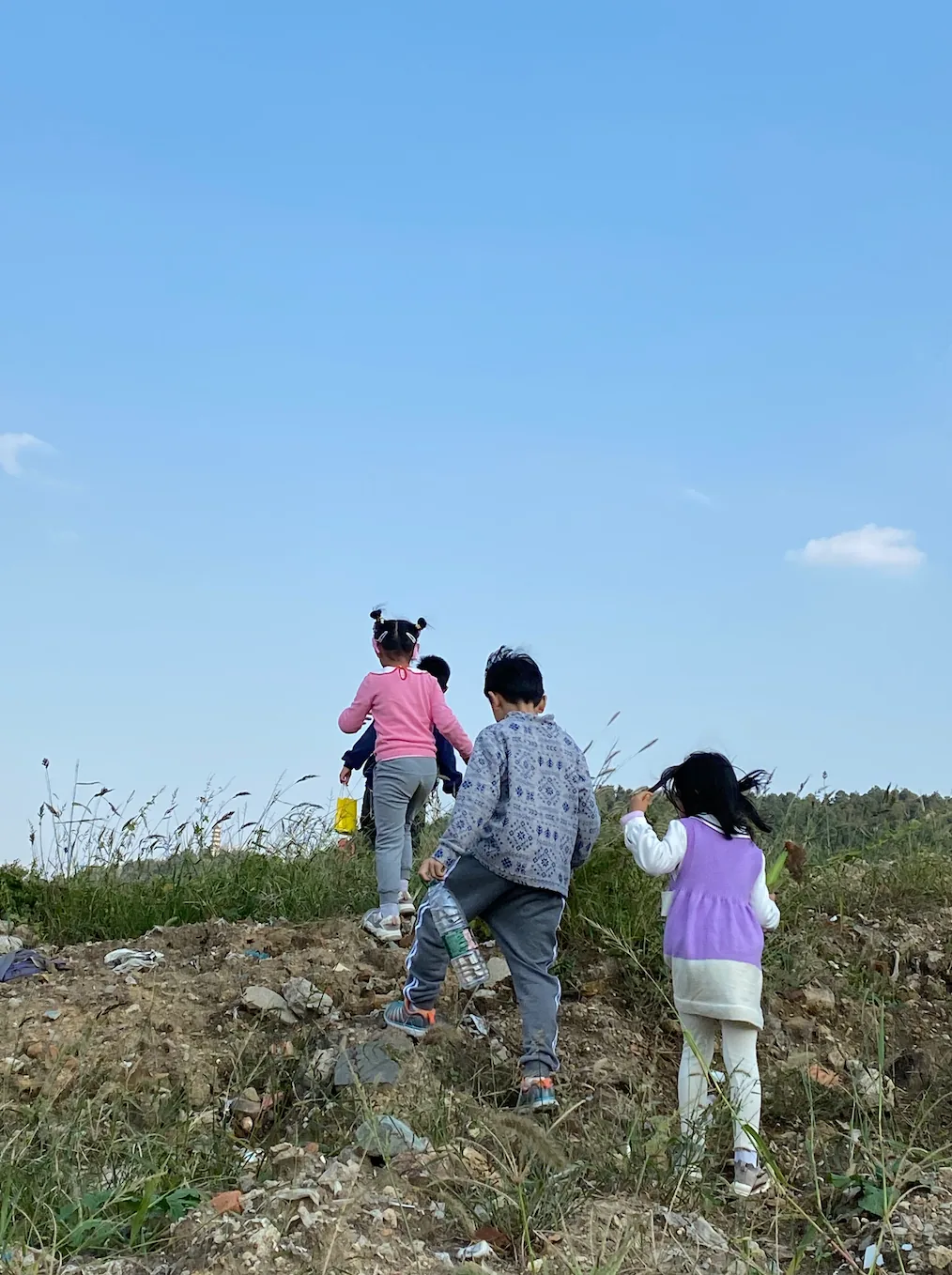 四个孩子背对镜头,手牵手结伴爬上一座长满杂草的土坡,头顶是晴朗的蓝天。