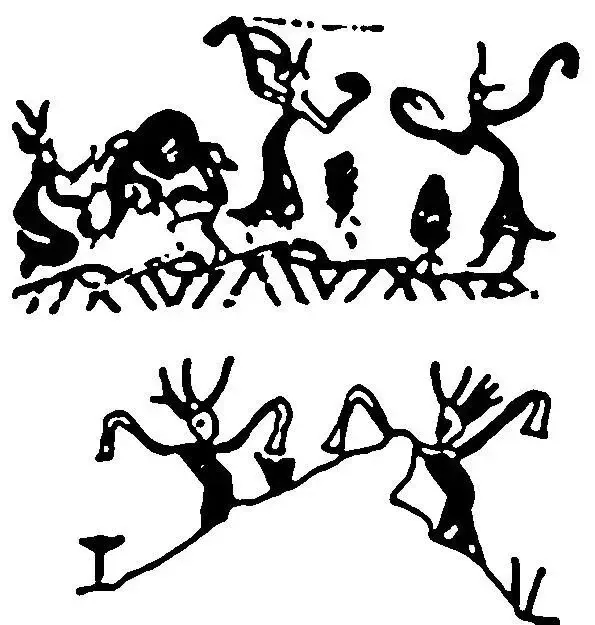 线描拓片图分两组:上图为一排人形图案立于纹饰带上,下图为两人头戴羽状饰物、张开双臂立于山形纹饰两侧。