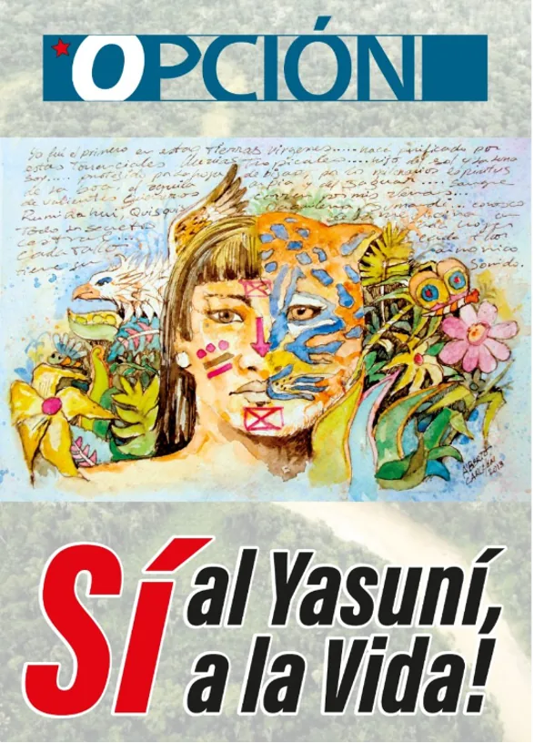 新闻网站Opción封面画,插画中一半是女孩面孔、一半绘成美洲豹图腾,周围环绕热带植物、老鹰与蝴蝶,旁有西班牙语手写诗句。