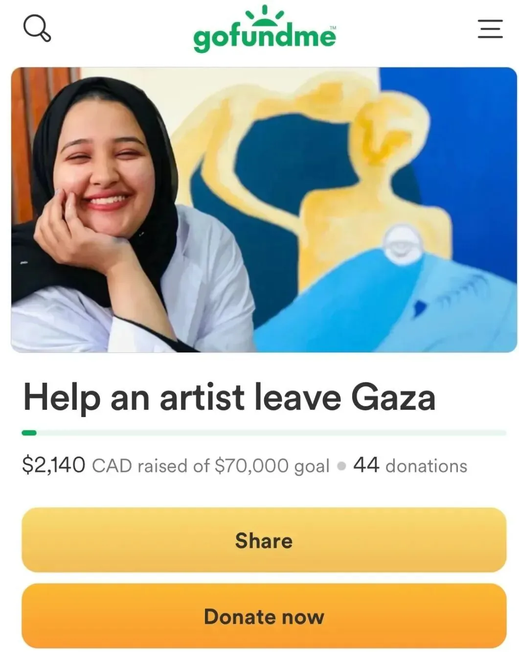 GoFundMe筹款页面截图,标题“Help an artist leave Gaza”,配图为Jehad托腮微笑照,已筹得2140加元,目标70000加元,44次捐款,下方是分享和捐款按钮。