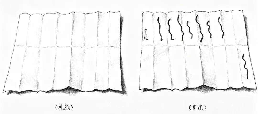 手绘示意图:左侧标注“礼纸”的折叠白纸完全空白,右侧标注“折纸”的折叠纸上有多条竖向墨迹线条代表字迹。