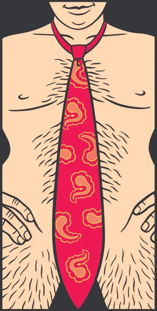 插画,一名赤裸上身、胸腹长满体毛的男性,领口垂下一条腰果花纹领带,形状与位置直指裆部,隐喻领带与生殖器的呼应