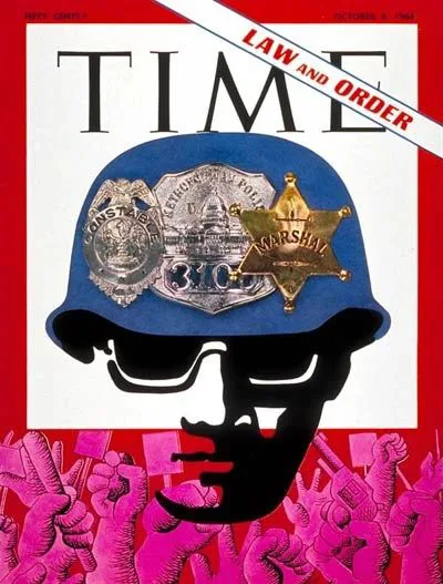 封面主标题为LAW AND ORDER,插画为戴蓝色头盔、佩戴警徽与治安官星形徽章的警察剪影头像,戴墨镜,下方是粉红色的抗议人群剪影,举着拳头与标语。
