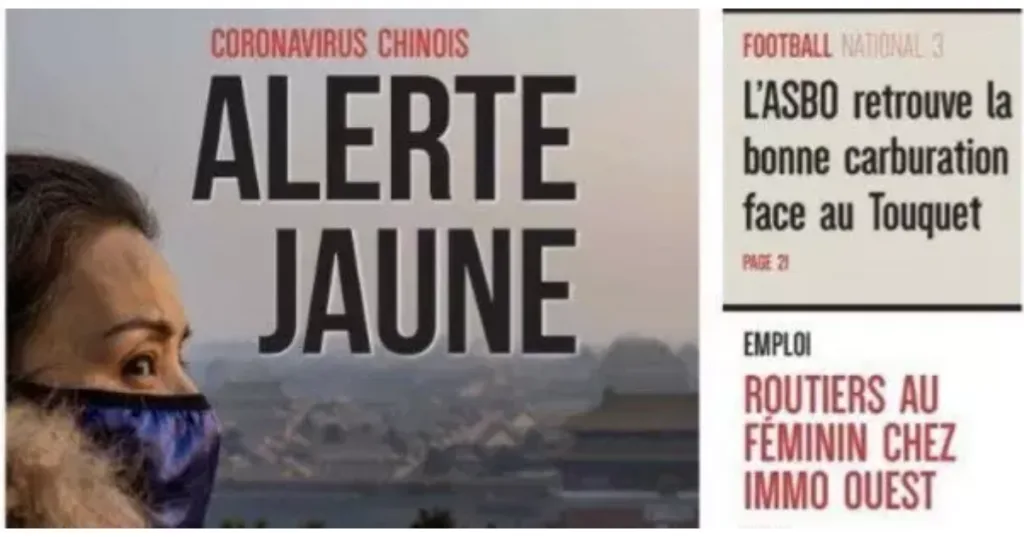 报纸头版截图,大标题写著「CORONAVIRUS CHINOIS ALERTE JAUNE」(中国冠状病毒,黄色警报),配一位戴口罩女性的照片,背景为城市天际线