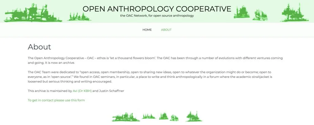 Open Anthropology Cooperative网站页面截图,顶部为绿色剪影装饰横幅,正文是关于该合作组织宗旨与团队的英文介绍