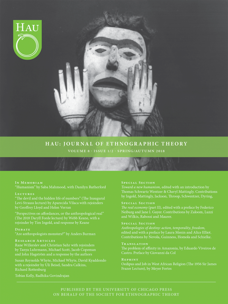 《HAU: Journal of Ethnographic Theory》2018年第8卷1/2期封面,左上角绿色HAU期刊标志,中部是一人以苍白双手掩面的黑白照片,下方列出本期目录文章标题,注明由芝加哥大学出版社代表民族志理论学会出版