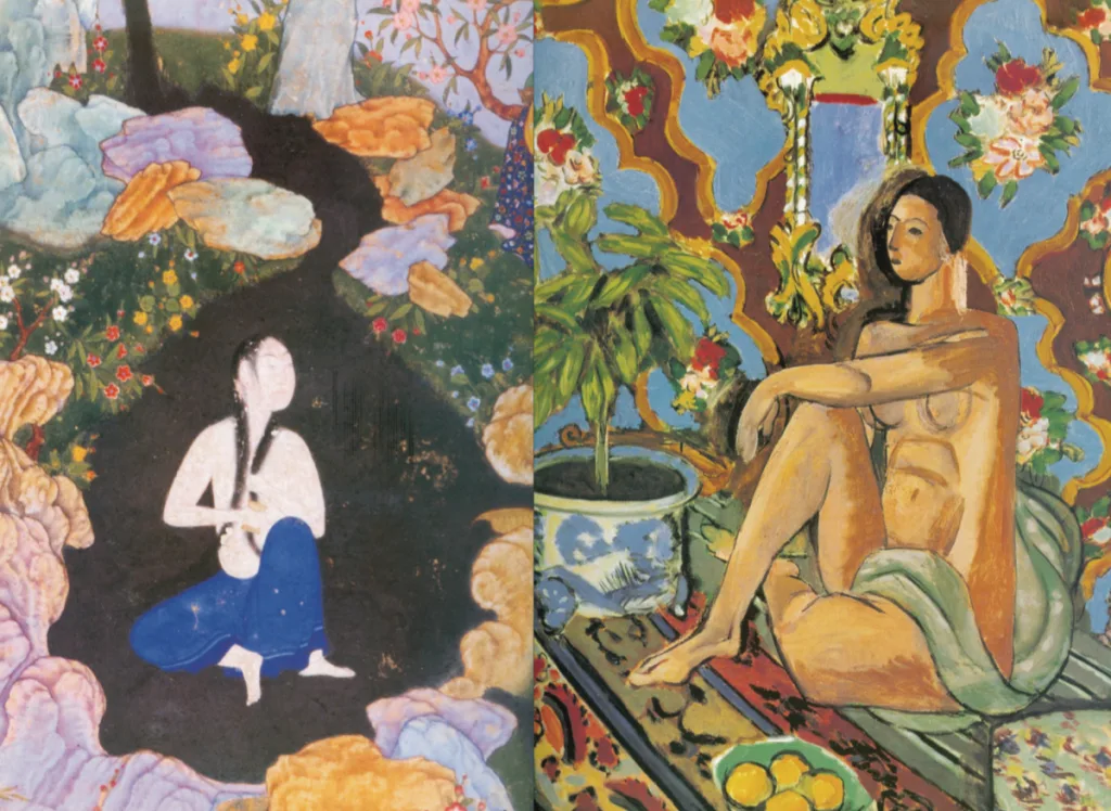 左侧为波斯细密画风格的人物坐像,周围环绕山石花卉;右侧为马蒂斯风格的裸女坐像,背景为花卉图案壁纸,旁有绿植与水果盘,色彩鲜艳。