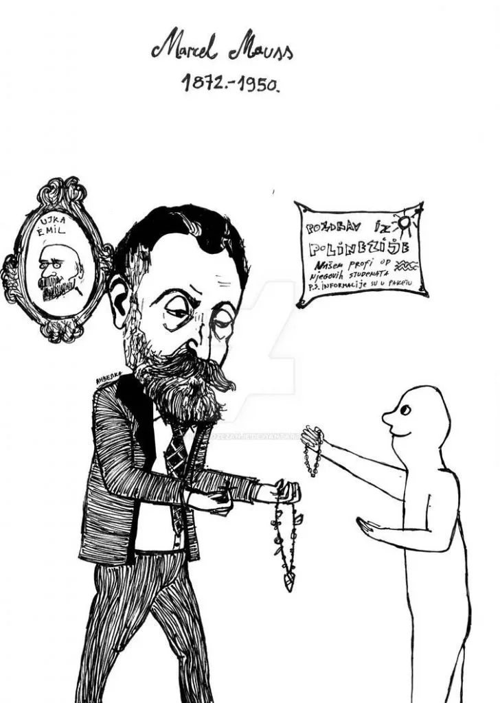 莫斯手绘漫画像,他正将一串项链状物品递给一个简笔勾画的人形,身后墙上挂着题为“UJKA EMIL”的椭圆肖像画,另有一张写有波利尼西亚问候语的明信片。