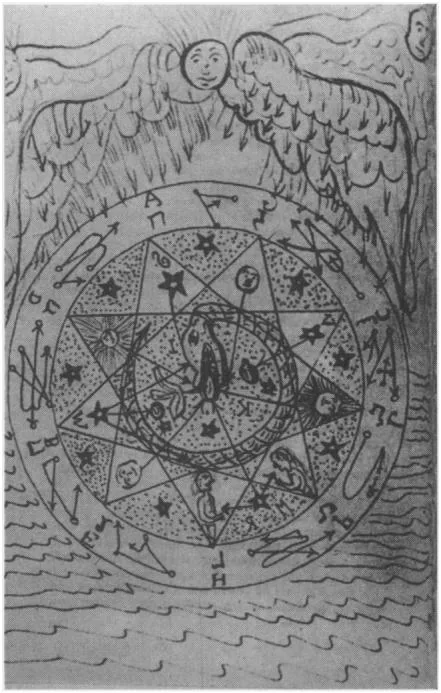 手绘神秘学宇宙图,圆形图案中嵌八角星与多层同心圆,环绕天文与炼金术符号及蛇形图案,顶部两侧各有一张带翼的人面俯视,底部以波浪线表示水面。