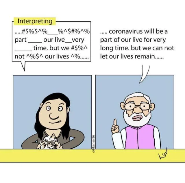 双格漫画:左格标题“Interpreting”,一名卷发女性打手语,头顶对话气泡里的英文被替换成乱码符号;右格中一位戴眼镜、穿粉色马甲的白发老者竖起食指说话,气泡里是清晰的英文原句,两相对照讽刺翻译失真。