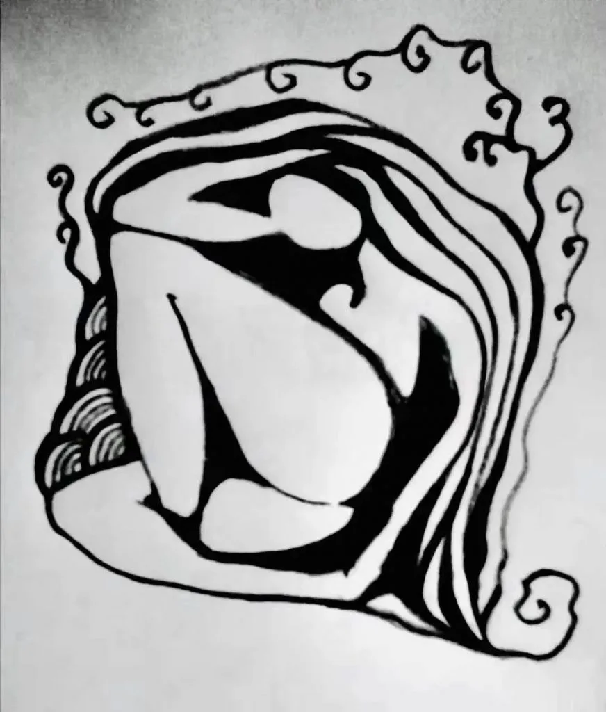 黑白线描图案,画面中是一个蜷曲的抽象女性身体轮廓,四周环绕波浪与卷曲纹样,风格接近新艺术运动装饰画