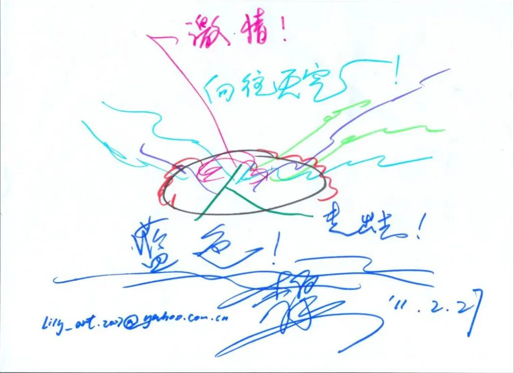 手绘作品方案草图,中央画着一个椭圆图形,四周延伸出彩色线条与文字标注:「激情!」「向往天空!」「蓝色!」「走出!」,下方有邮箱、签名与日期