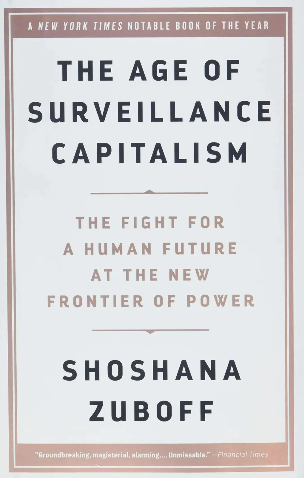 书影,米白色封面配棕红色边框,书名下方是副标题「THE FIGHT FOR A HUMAN FUTURE AT THE NEW FRONTIER OF POWER」,顶部标注纽约时报年度值得关注图书,底部印有媒体推荐语。