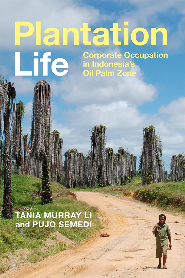 《种植园生活》(Plantation Life: Corporate Occupation in Indonesia's Oil Palm Zone)封面,作者塔尼亚·默里·李(Tania Murray Li)与普诺·塞梅蒂(Pujo Semedi)。照片中一条土路两侧是老化枯萎的油棕树林,一人独自沿路行走。