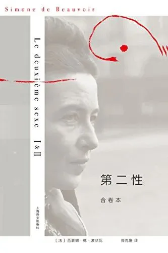 《第二性》合卷本封面,黑白波伏娃肖像照,右上角以红色笔触勾勒的图案点缀。