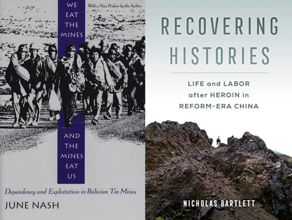 两张书封:黑白矿工游行照的《We Eat the Mines and the Mines Eat Us》,山地小径上孤身背影配文字的《Recovering Histories: Life and Labor after Heroin in Reform-Era China》。