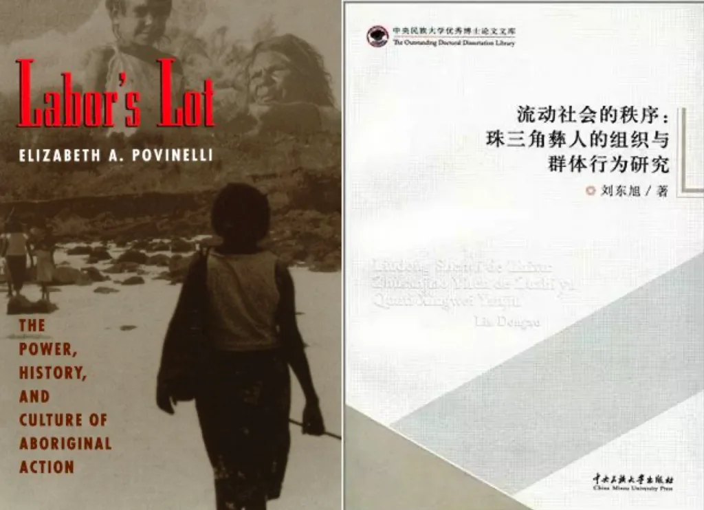 两张书封:褐色调背影行走照的《Labor's Lot: The Power, History, and Culture of Aboriginal Action》,及素色几何图案的《流动社会的秩序:珠三角彝人的组织与群体行为研究》。