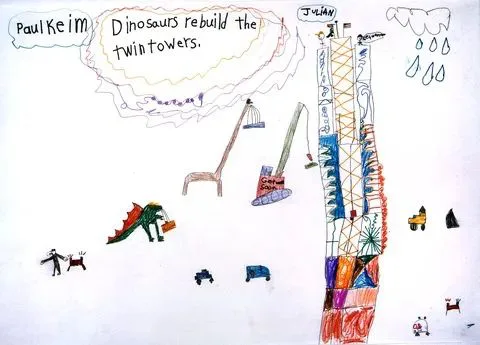 儿童蜡笔画,上方文字写着'Dinosaurs rebuild the twin towers'(恐龙重建双子塔),画面描绘恐龙、双子塔建筑结构、起重机及人物、动物的稚拙涂鸦,角落还有落雨和小人物形象。