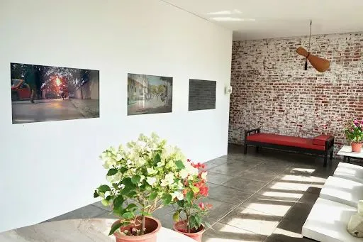 室内展览空间一角:白墙上挂着三幅摄影作品,红砖墙边放着红色长椅,前景摆放绿植盆栽,右侧可见白色沙发。