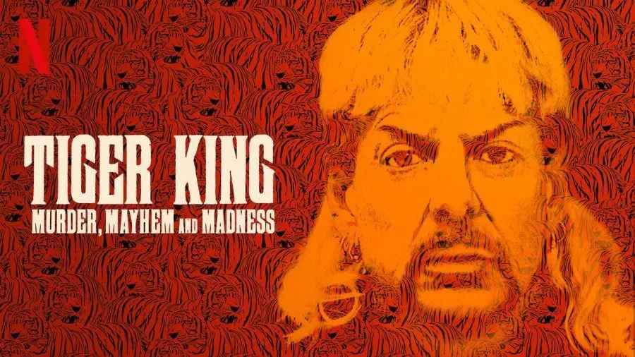 Netflix纪录片《虎王》(Tiger King: Murder, Mayhem and Madness)海报,橙红色背景布满老虎纹样,主角乔·异风(Joe Exotic)的脸部特写叠印其上。
