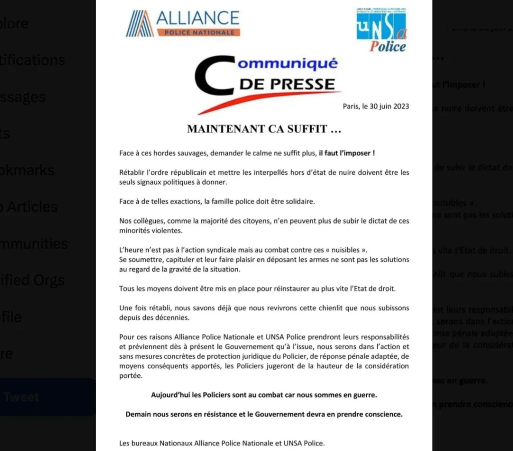 法国警察工会Alliance Police Nationale和UNSA Police于2023年6月30日发布的新闻公报,标题为“现在够了……”,谴责示威者为“野蛮暴徒”,宣称警察已进入“战斗”状态并要求恢复秩序。