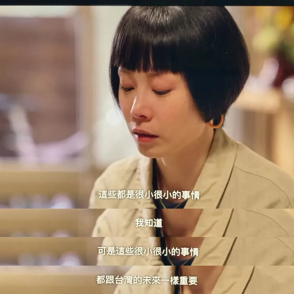 剧照配字幕:短发女子低头若有所思,字幕写着'這些都是很小很小的事情,我知道,可是這些很小很小的事情,都跟台灣的未來一樣重要'。