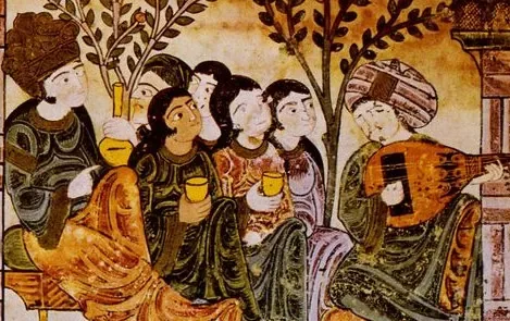 金棕色调的中世纪细密画,树下围坐着数人,多人手持酒杯,右侧一人怀抱琵琶状乐器弹奏。