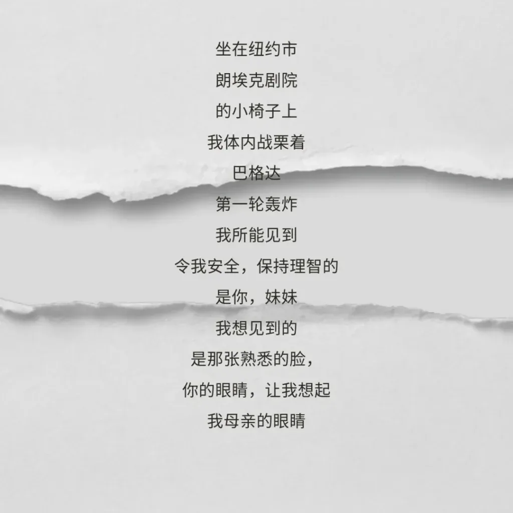 撕裂纸张纹理背景上的诗句:坐在纽约市朗埃克剧院的小椅子上,我体内战栗着巴格达第一轮轰炸;令我安全、保持理智的是你,妹妹,你的眼睛让我想起我母亲的眼睛。