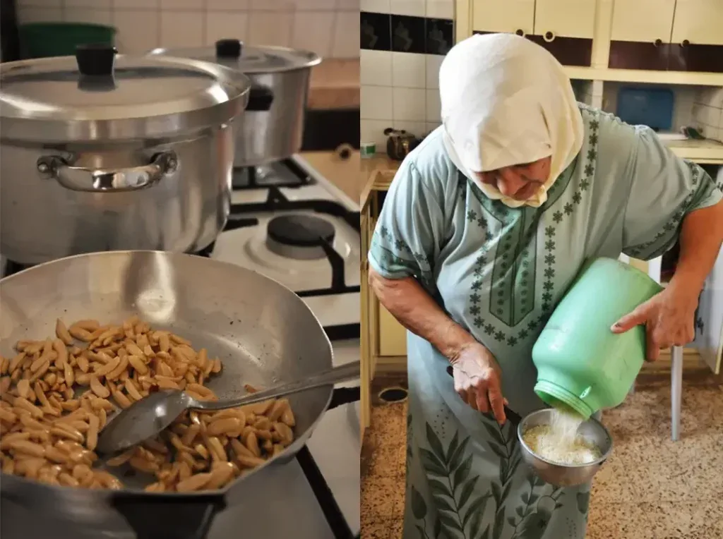 拼接图:左侧炉灶上放着几个锅,平底锅里正炒着坚果状食材;右侧哈尼妈妈把绿色罐子里的米倒入钢碗中。