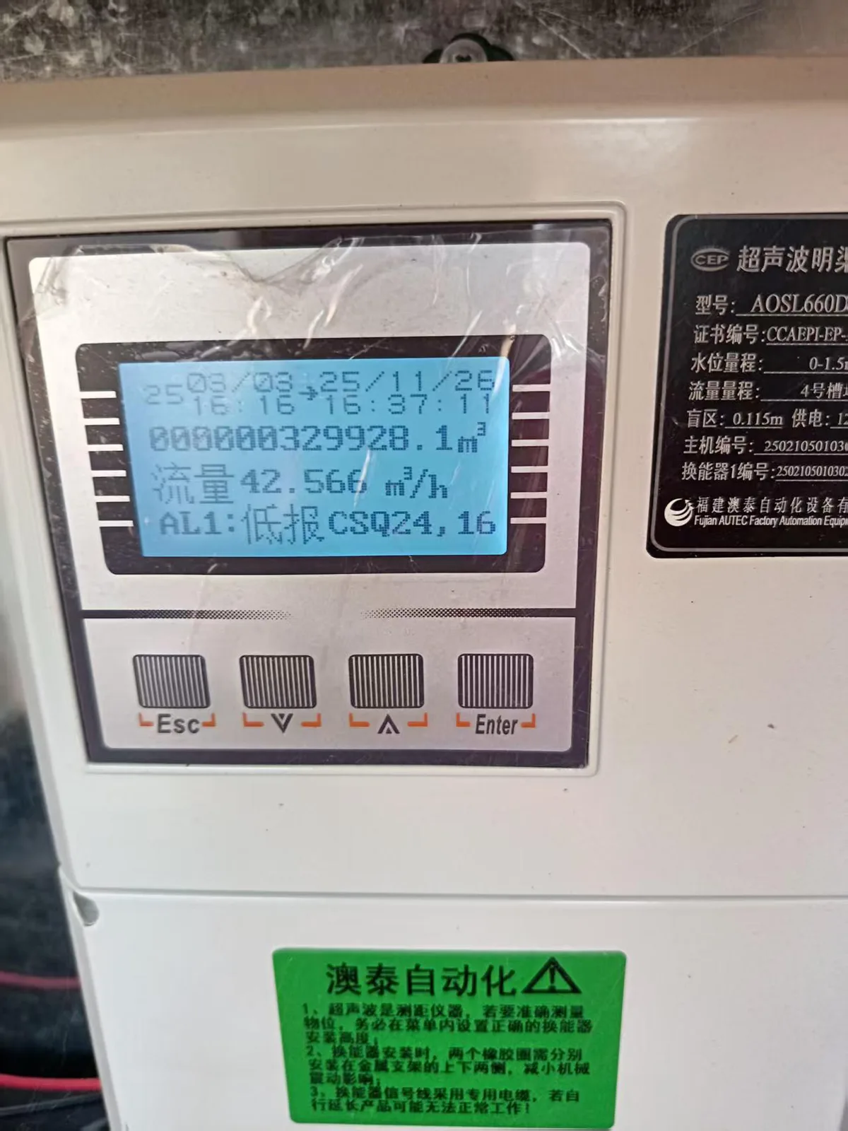 一台超声波流量计的液晶显示屏,显示日期时间、累计流量00000329928.1立方米、瞬时流量42.566立方米每小时等监测数据。