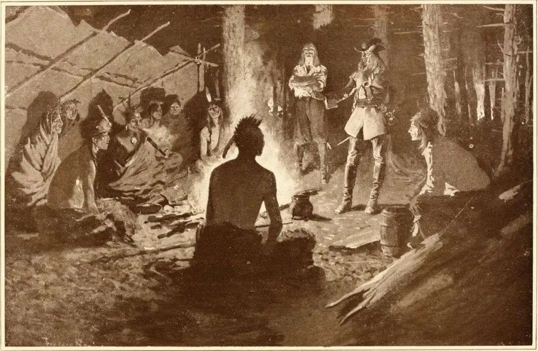 一幅棕褐色调的历史版画,篝火旁一位原住民人物背对镜头站立发言,周围坐着多位原住民与身着欧式服装的人物,场景位于林间营地帐篷前。