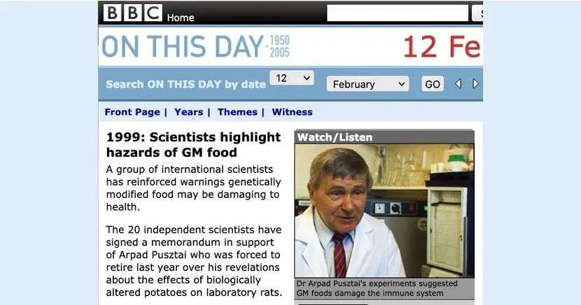 BBC网站「On This Day」页面截图,标题为「1999: Scientists highlight hazards of GM food」,正文称20名国际科学家联署支持因转基因土豆研究被迫退休的普兹泰;右侧配有普兹泰在实验室接受采访的照片。
