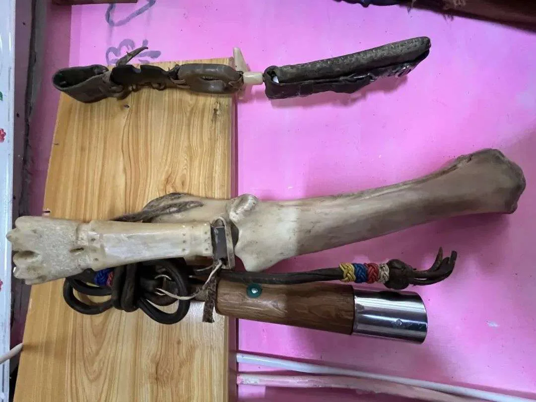 木板上挂着用整条兽腿骨(保留蹄部)做成手柄的鞭子或工具,缠着彩色绳结,上方还挂着一把兽骨柄小刀。
